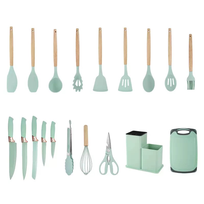 19-pieces silicone wooden handle utensil set