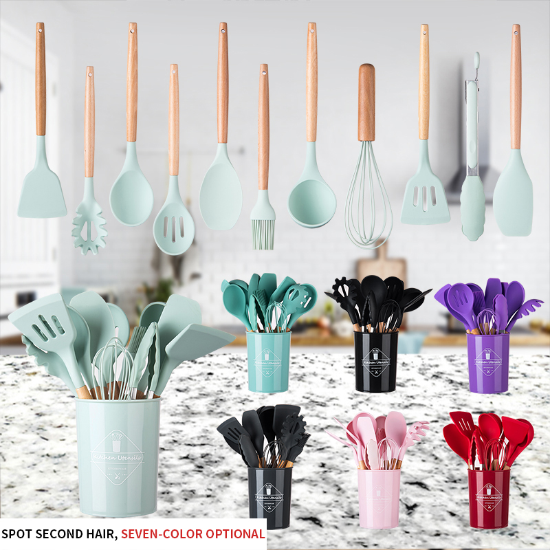 11-pieces silicone wooden handle utensil set